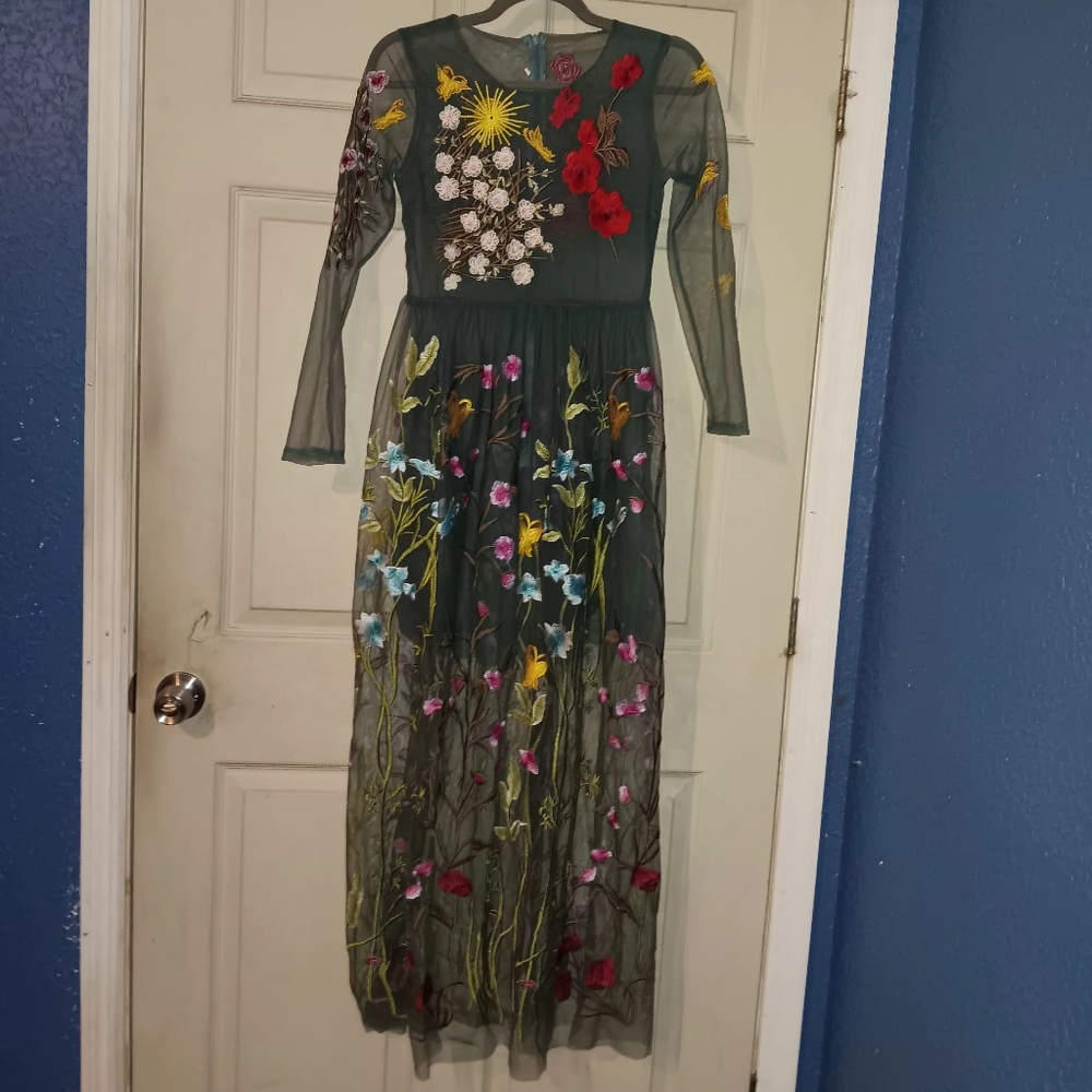 Floral Embroidered Grey Green Mesh Maxi Dress Long Sleeves Wms Sz S